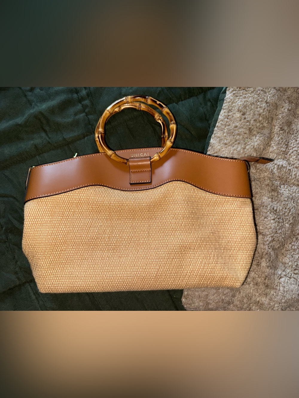 NWOT unica firenze Tan Woven Tote with Brown Trim and Bamboo Handles
